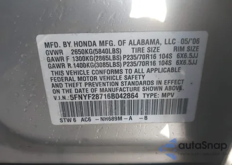 2006 Honda Pilot Ex-L z USA, uszkodzony, nr VIN 5FNYF28716B042864